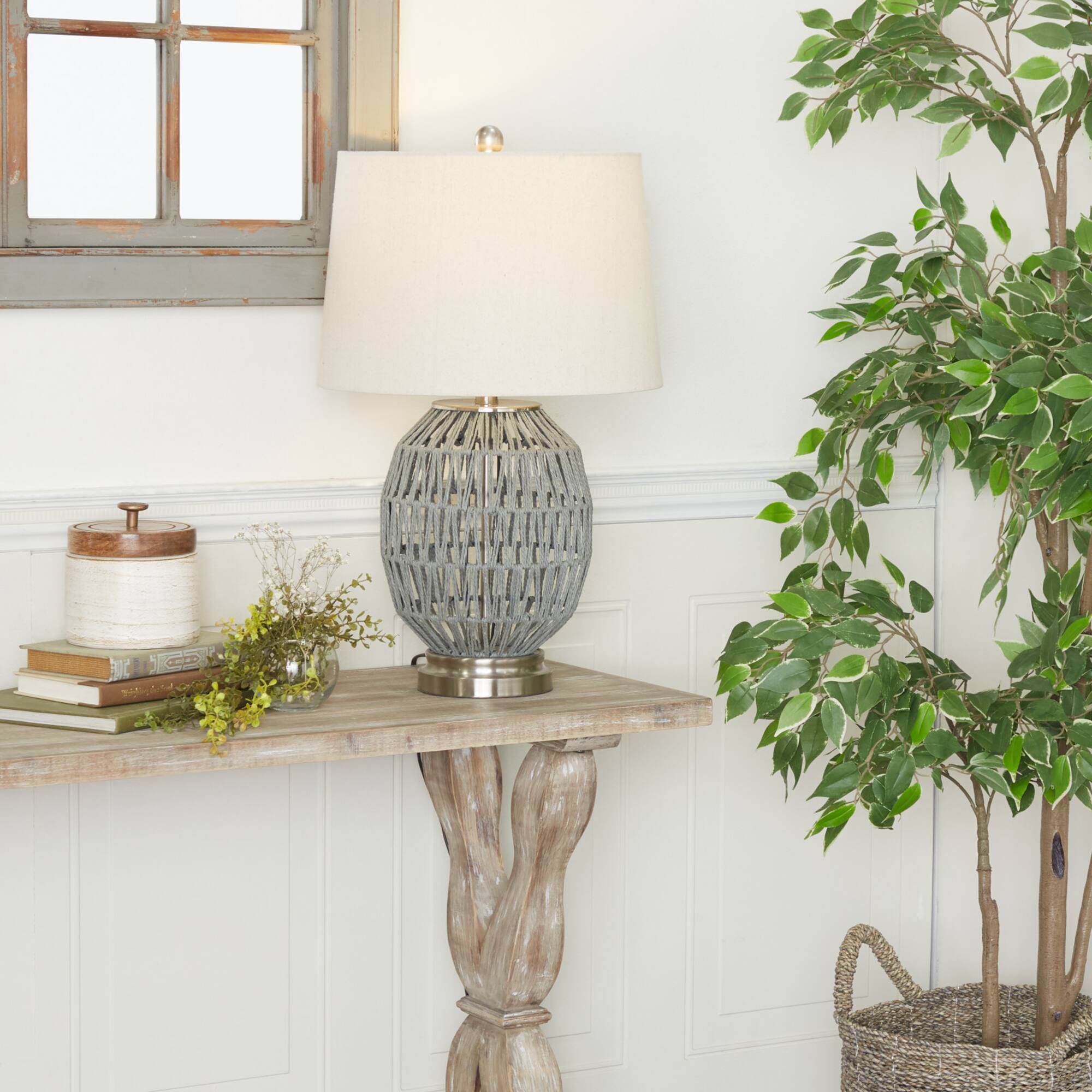 Grey Cotton Coastal Table Lamp, 25" x 15" x 15'